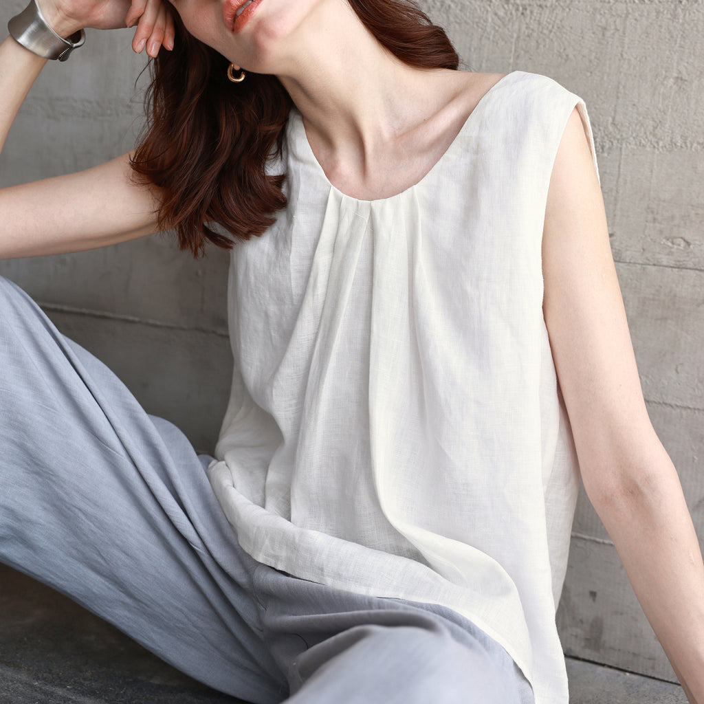 Pure Linen round Neck Sleeveless Vest Women Front Box Pleat Design Sleeveless Top Solid Color Camisole