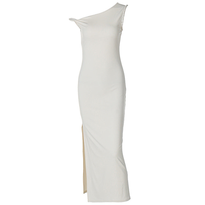 Women Clothing Summer Sexy Oblique Shoulder Slim Fit Slit Dress Women
