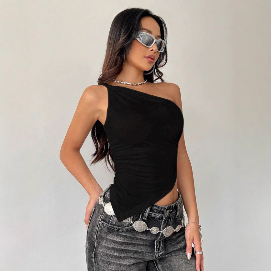 Women Clothing Sweet Spicy Vest Spring Summer Irregular Asymmetric Hem off the Shoulder Top