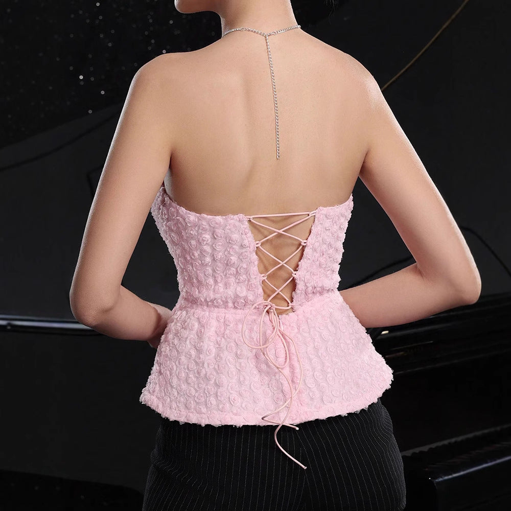 Summer Women Clothing Sexy Vest Three Dimensional Floral Design Backless Top Sling