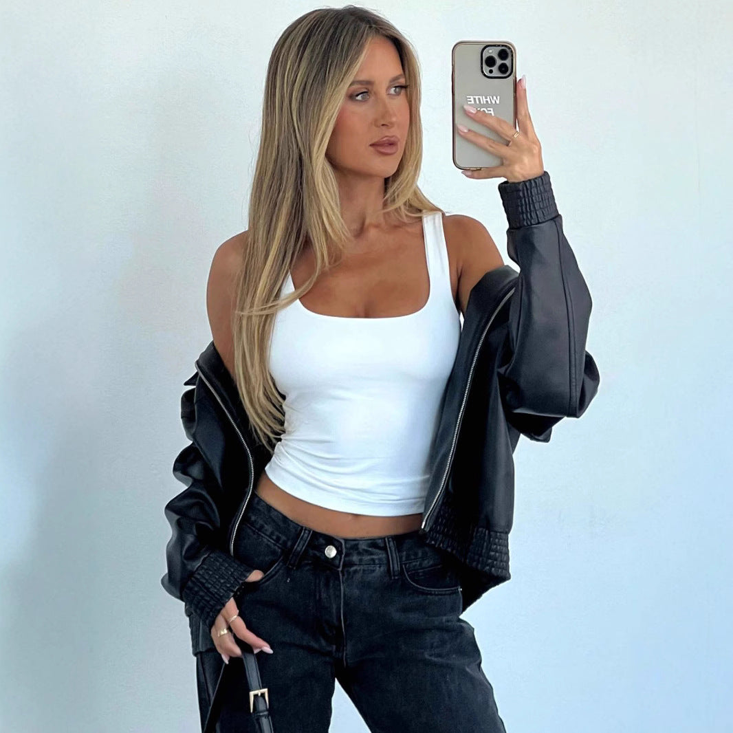 Spring Summer Sexy Women Sleeveless Square Collar Casual Basic Cropped Camisole Women