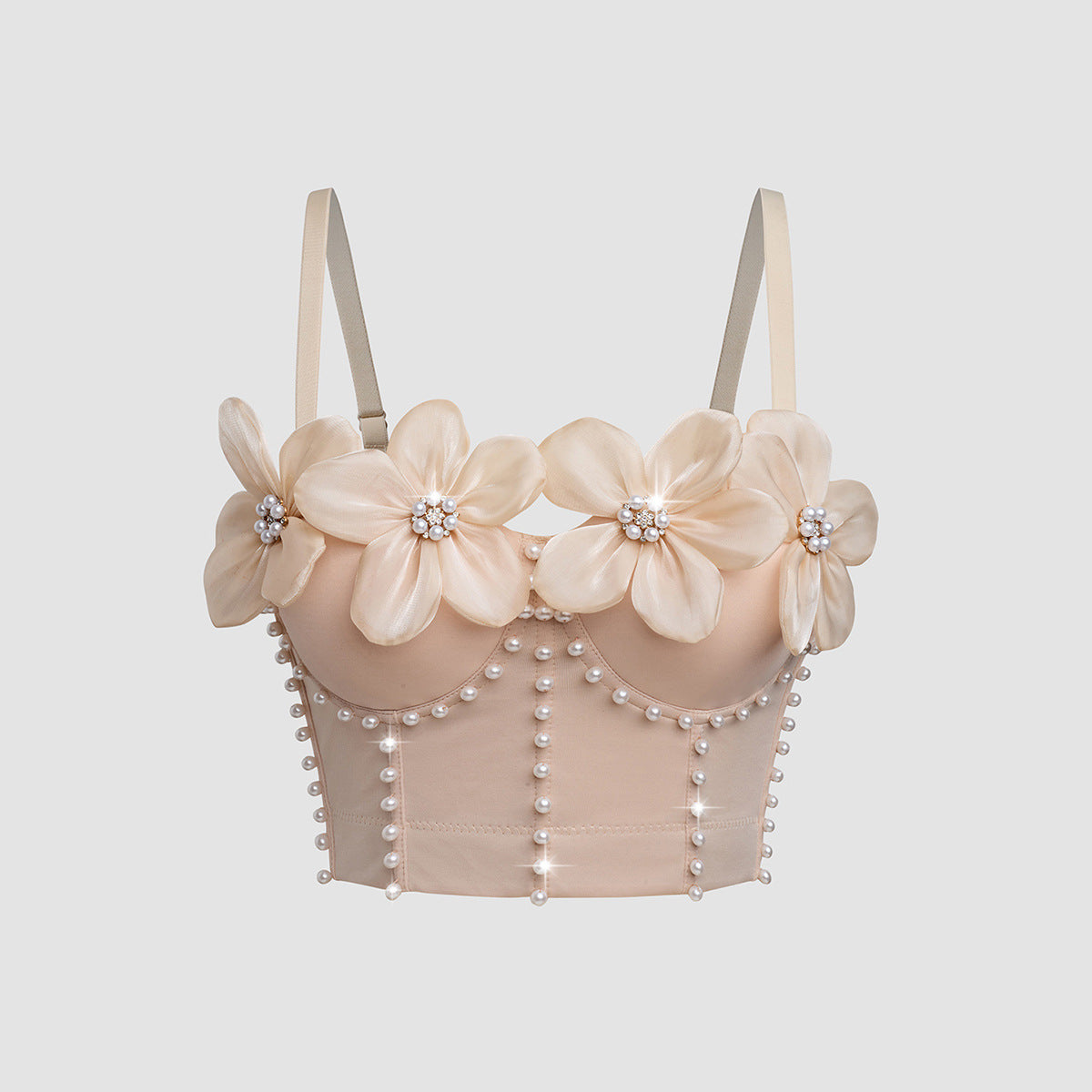 High Grade Three Dimensional Floral Rhinestone Tube Top Integrated Fixed Cup Boning Corset Bra