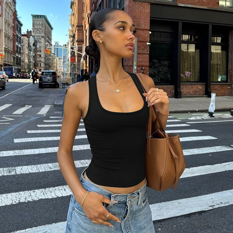 Women Clothing Spring Summer Sexy Solid Color Sleeveless Square Collar Inner Wear Base Small Tank Top