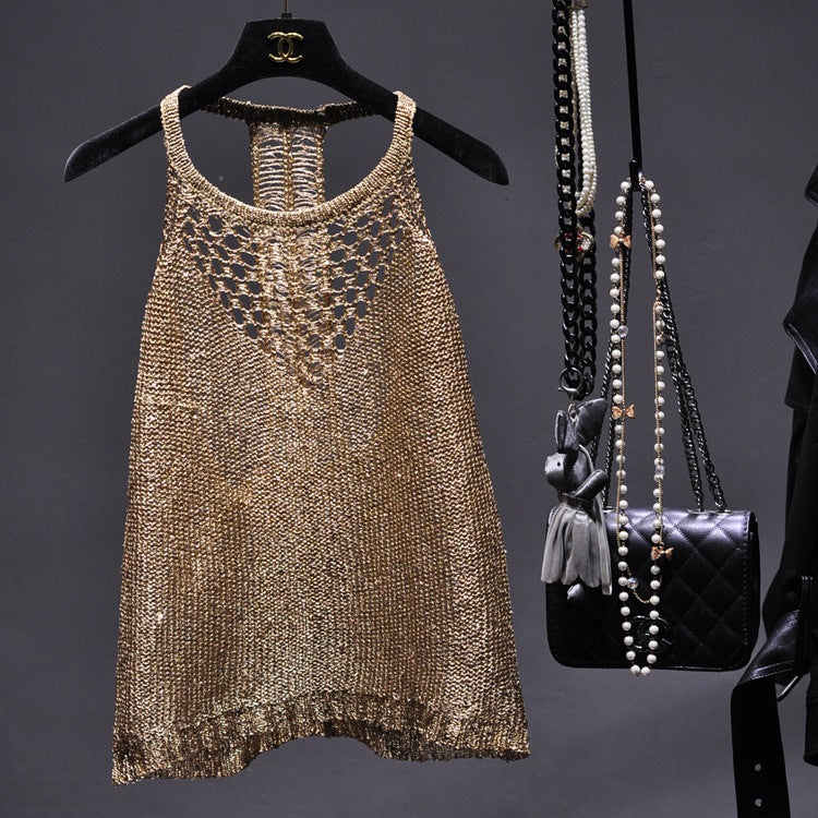 【MOQ-5 packs】 Gilet sexy à paillettes découpées, fin, transparent, sexy, sans bretelles, col licou, épaules dénudées, haut court pour femmes