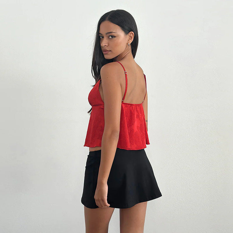 Satin Jacquard Sling Summer V neck Loose Top Women