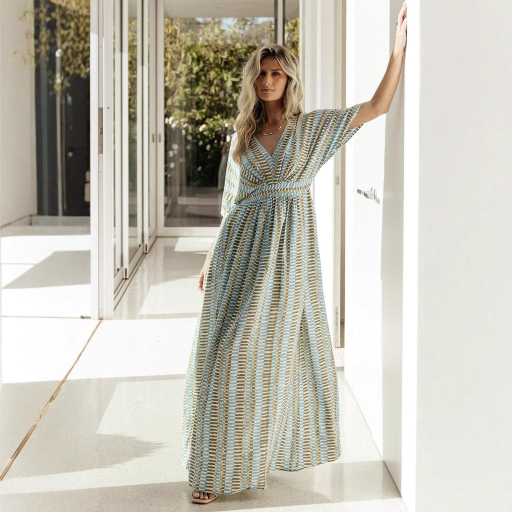 Vacation Beach Blouse Dress Printed Chiffon Backless Strap Sun Protection Dress