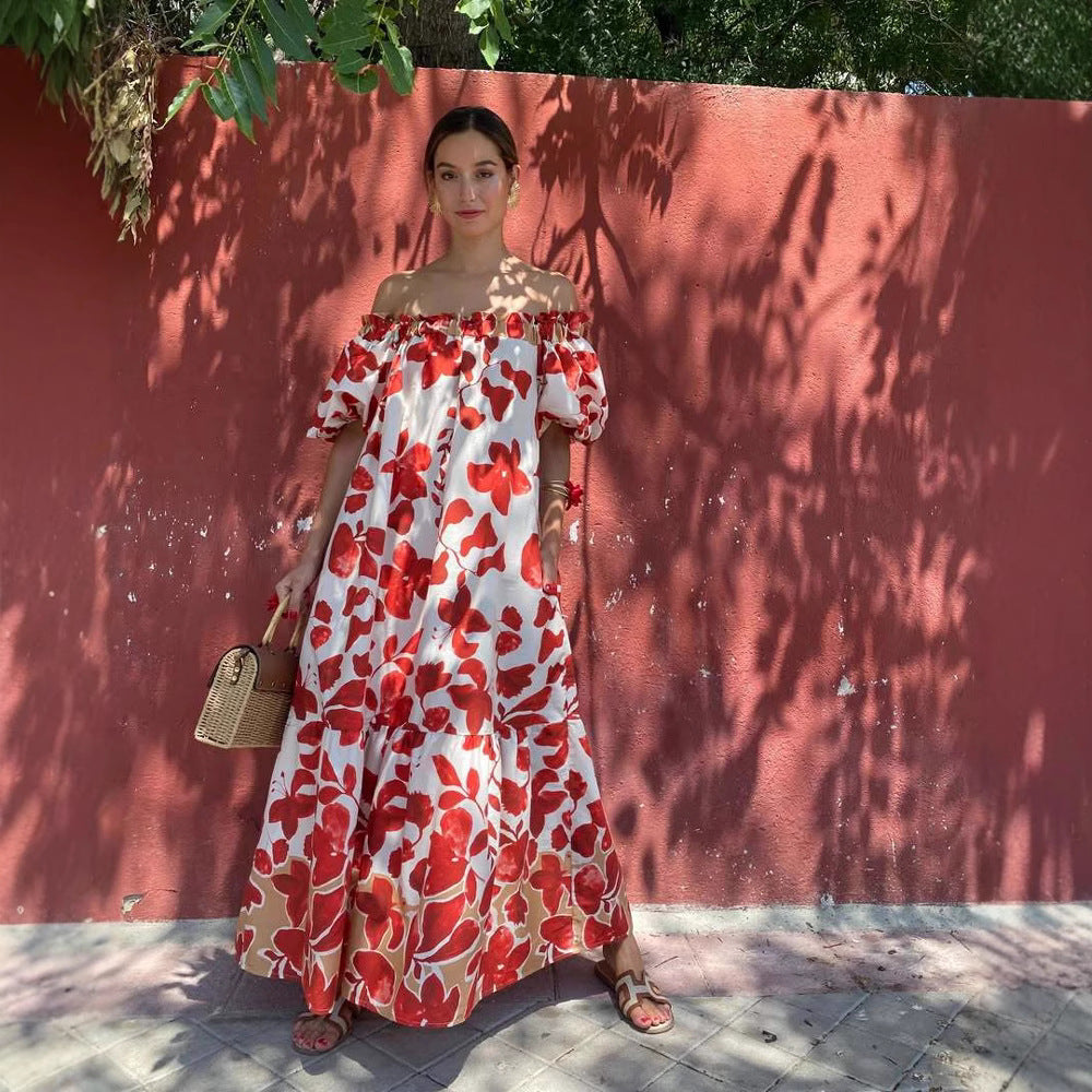 Women Clothing Summer Floral Floral Print off Shoulder Puff Sleeve Maxi Dress