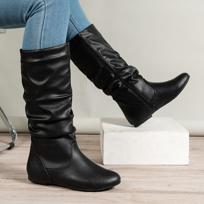 Side Zipper High Boots Women Retro Western Denim Thin Leather Boots Knight Boots