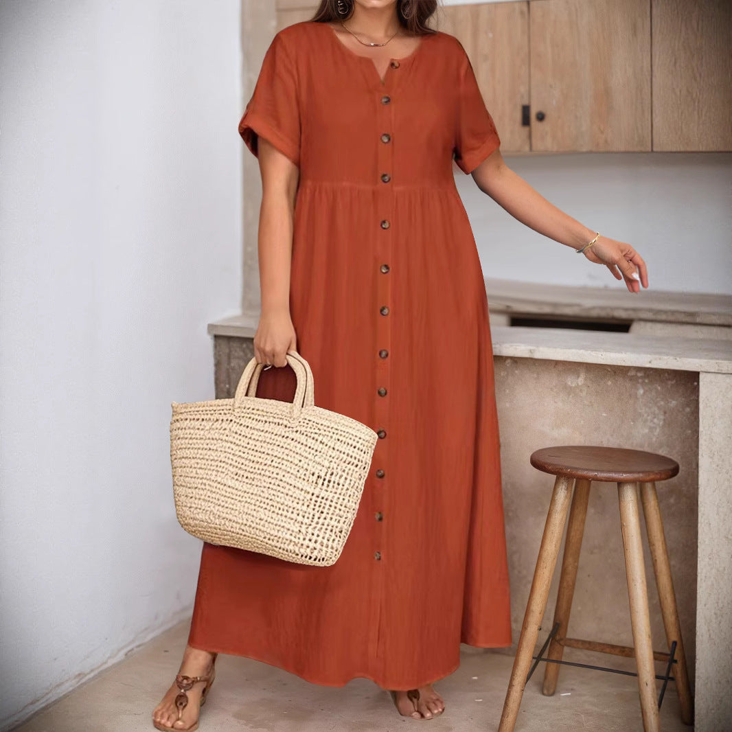 Plus Size Elegant Spring Summer Solid Color Loose High Waist Cotton Linen Dress