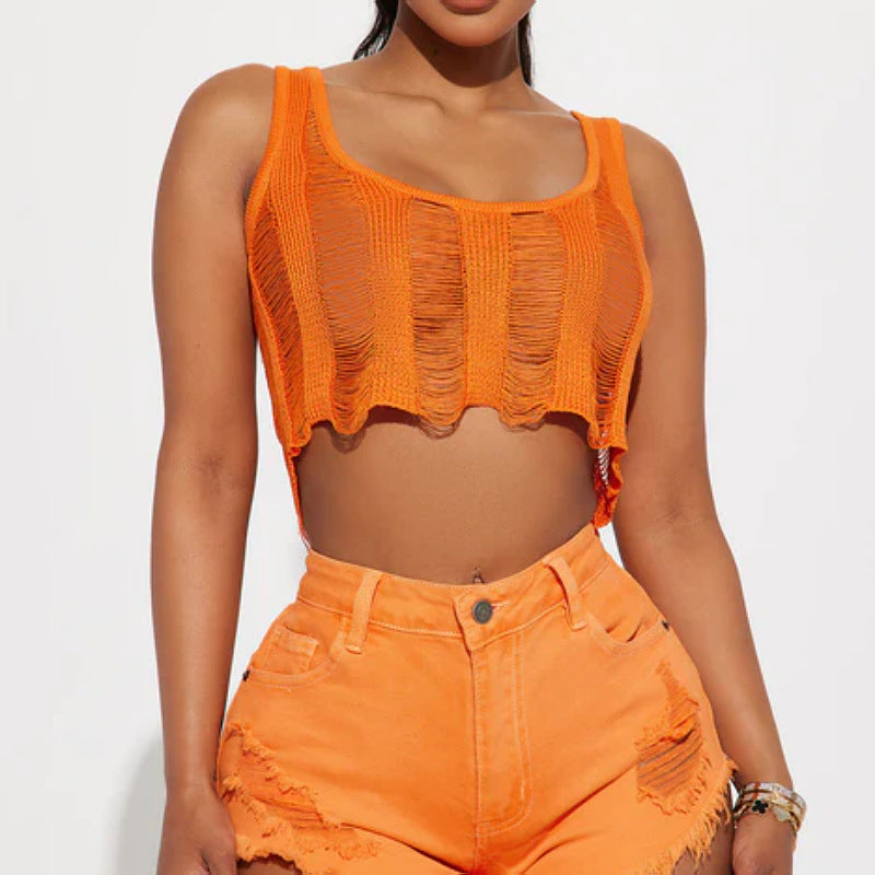 Women Clothing Hollow Out Cutout Sexy Outer Wear Knitted Vest Women Top