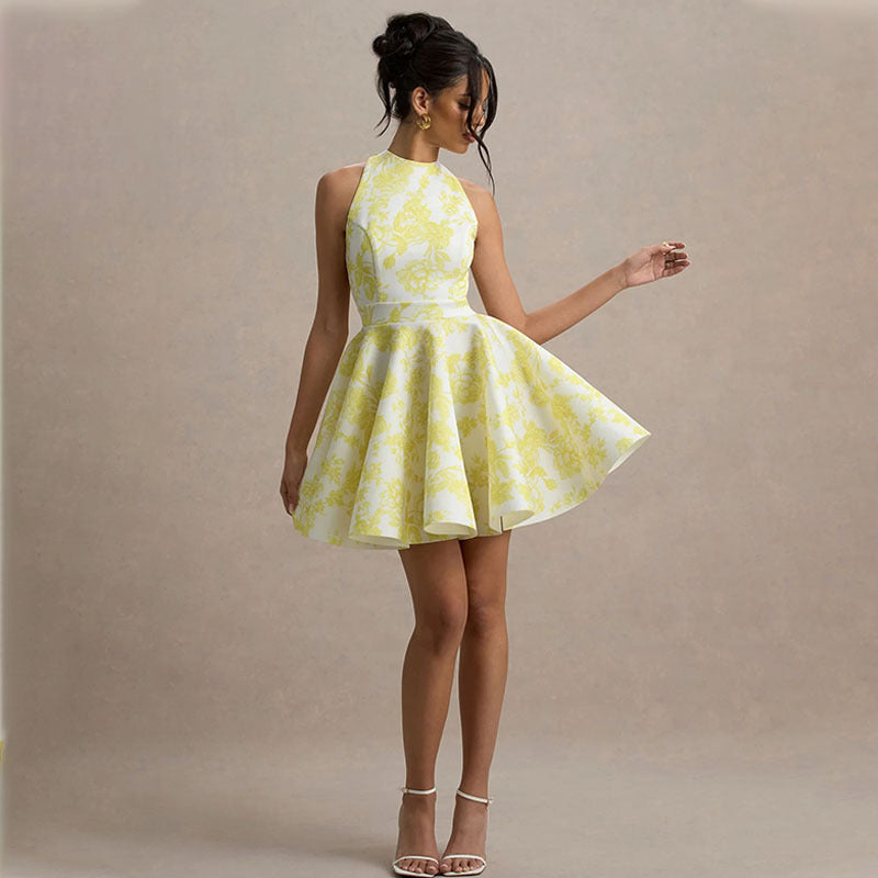 Spring Summer Women Clothing High Sense Elegance Sleeveless High Waist Backless Word Printed Short Dress