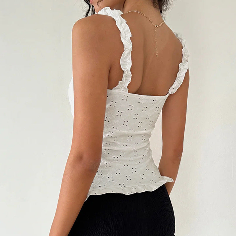 Design Hollow Out Cutout Jacquard Lace Shoulder Strap Vest Pastoral Girly Button Cardigan Waist Trimming Short Top Women Clothing
