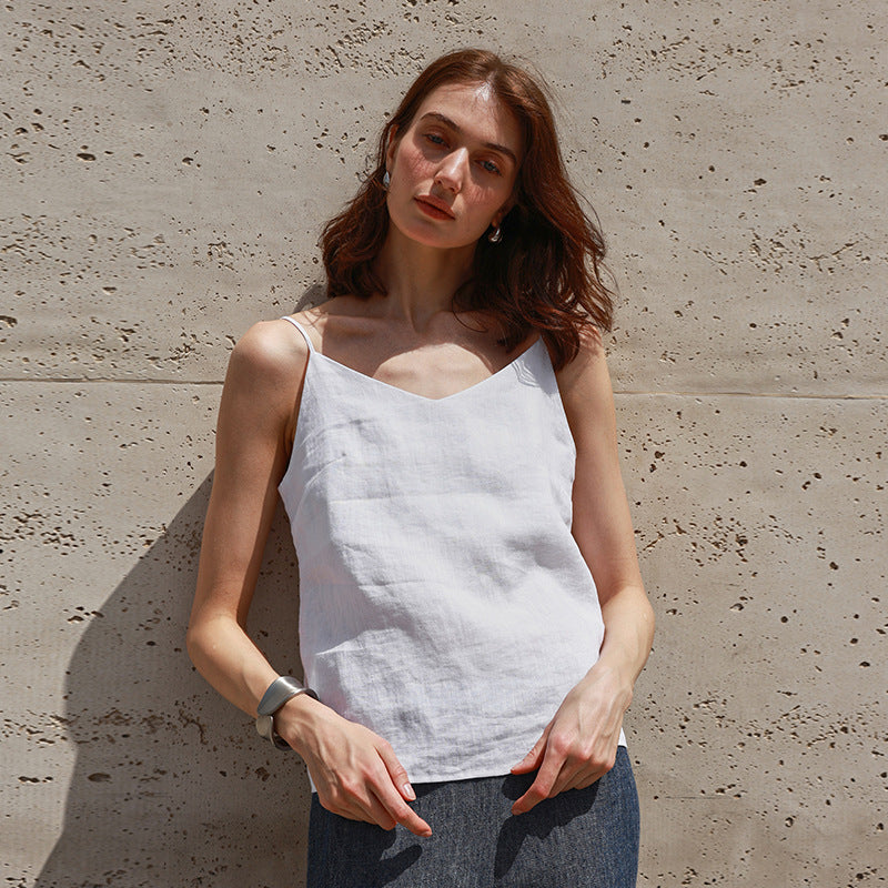 Amoi Linen Vest Women Adjustable Shoulder Strap Small V neck Design Sling Summer Minimalist Wear Top Women